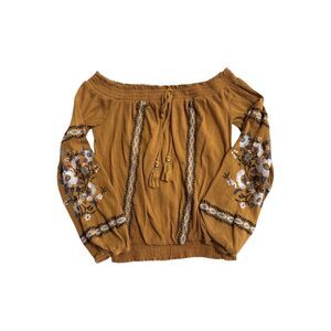 Mustard Yellow Boho Off Shoulder Embroidered Floral Blouse Top Peasant Smocked